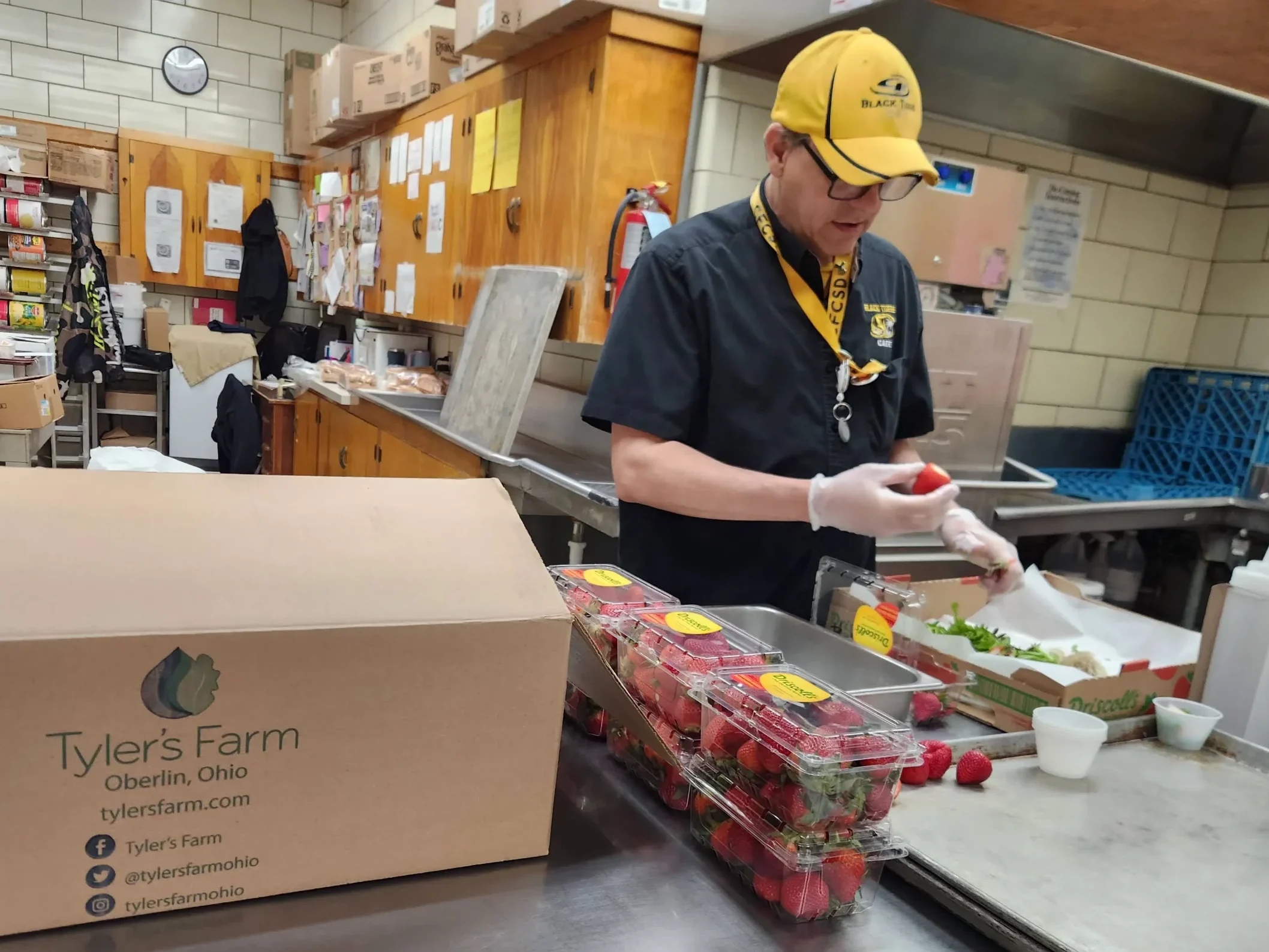 Volunteer working with strawberries in school kitchen